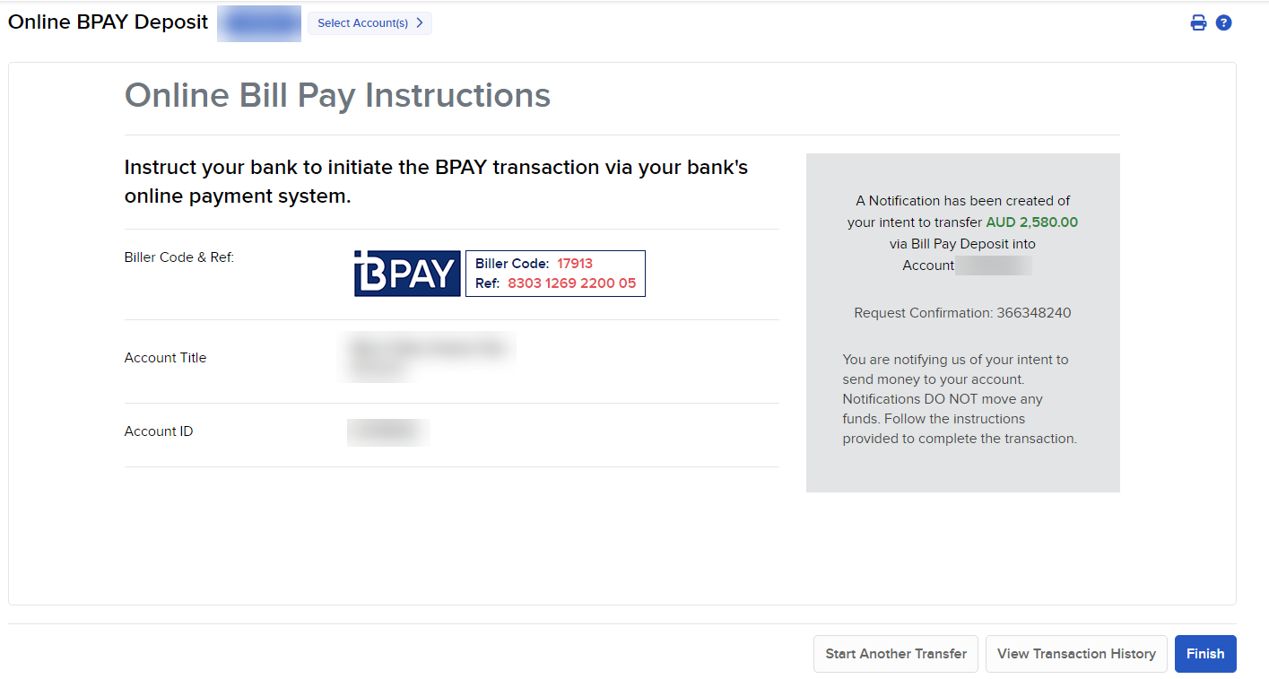 The online BPAY deposit confirmation page in portal. 